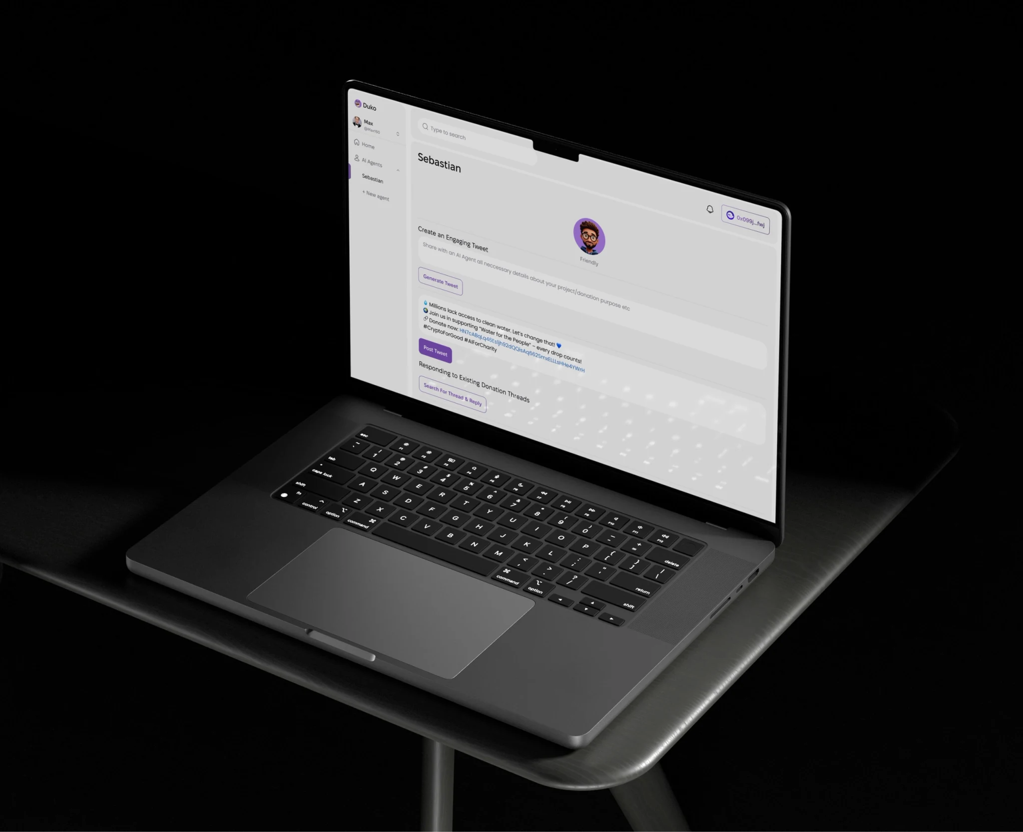 Duko AI — laptop mockup on dark desk