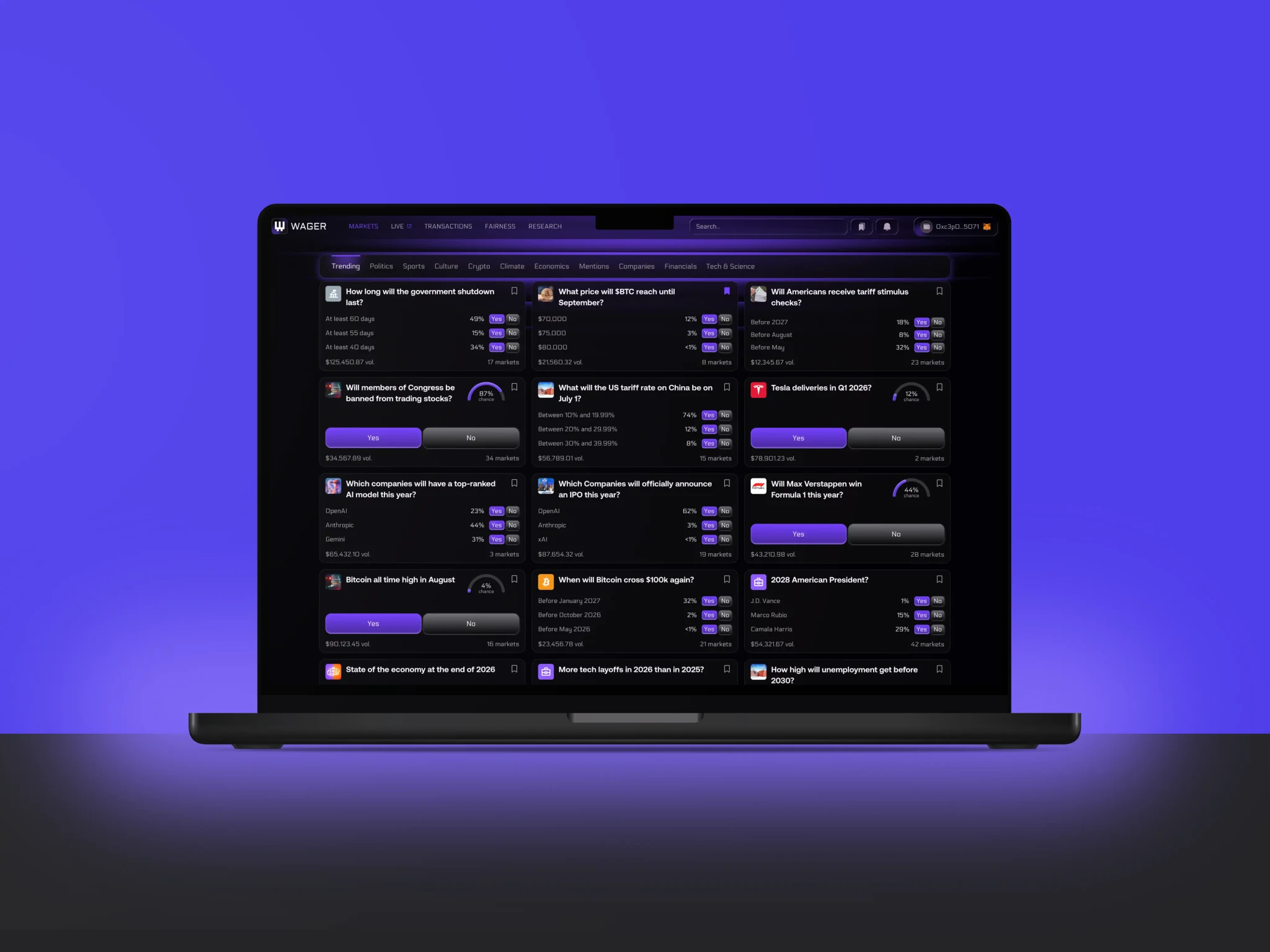 Prediction Market — MacBook Pro mockup on leather chair